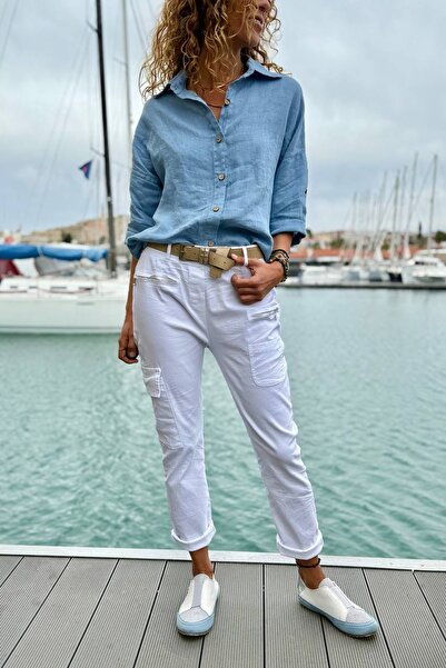 Güneşkızı Italian White Pocket Washed Belted Skinny Leg Lycra Woven Trousers 98 60