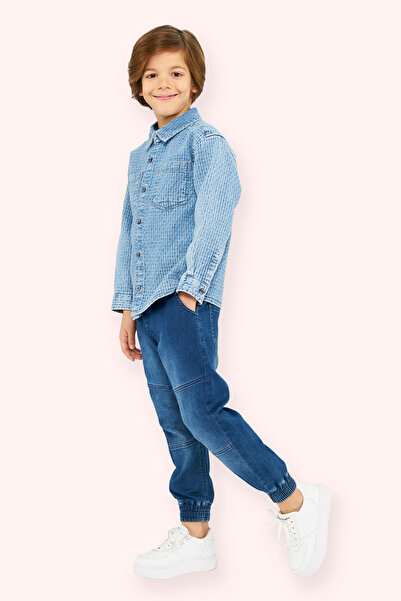 Panço Erkek Çocuk Düğmeli Mavi Kot Gömlek