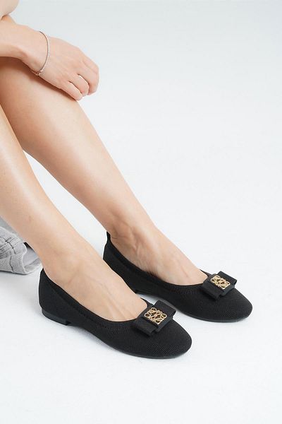 Beyond Women's Black Buckle Low Heeled Knitwear Ballerina Byndkp164
