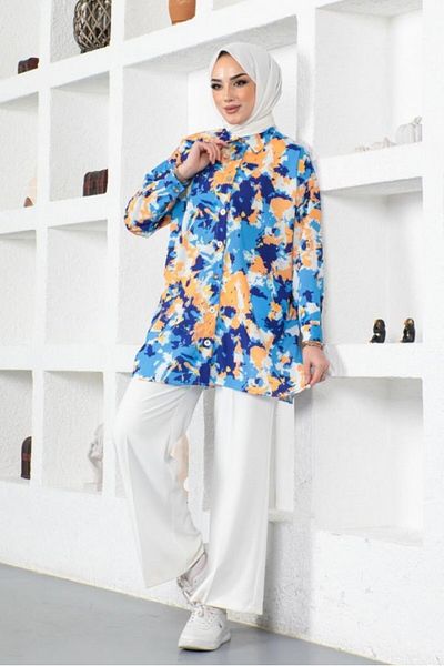 giyze Patterned Hijab Shirt Saks Blue 8890