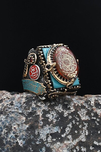 Prestige Özel Tasarım Mineli Hz. Süleyman Mührü ve Kelime-i Tevhid ve Allah ve Muhammed Yazılı Gümüş Erkek Yü