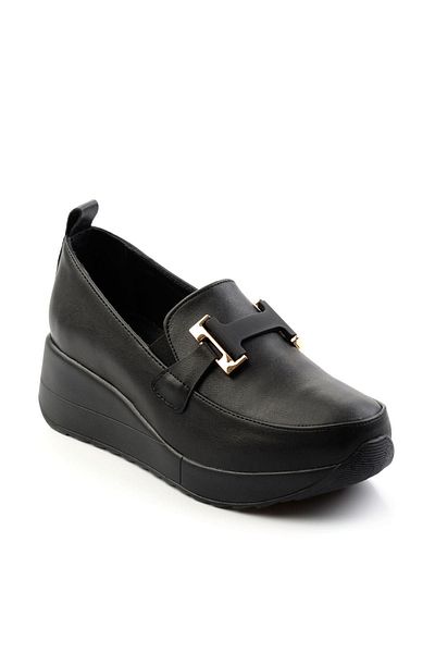 Bambi Black Leather Women's Wedge Heeled Shoes K 01586417303