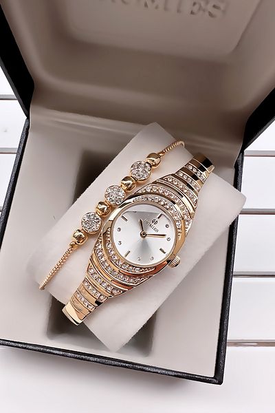 Homies Special Boxed Stone Women's Wristwatch Waterproof Gold Color Steel Cord Gift Bracelet Hmby2051C1