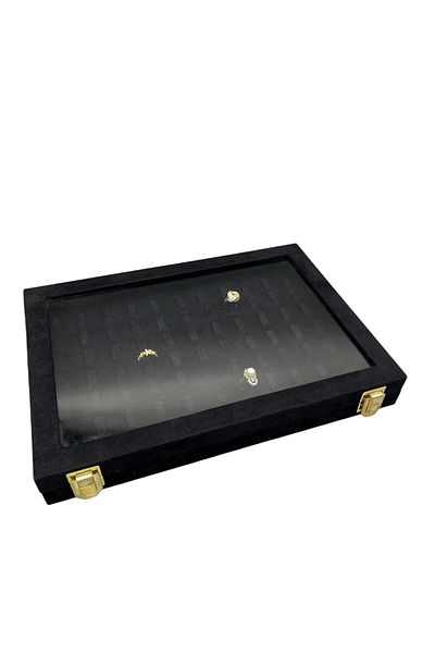 MeGass Dekor Suede Fabric Black Color with Glass Cover 34 cm / 24 cm Nail Ring Display Stand