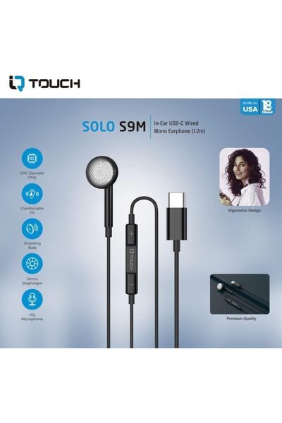 IQ TOUCH سماعة أذن SOLO S9M أحادية سلكية بمنفذ USB-C، ملائمة بشكل مريح، تحكم مدمج، كابل بطول 1.2 متر