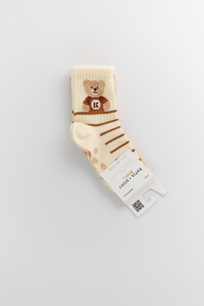 Katia&Bony Teddy Printed Baby Socks - Pack of 2, Ecru-Light Brown