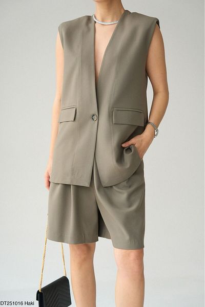Lupies Women's Khaki Oversize Vest-Shorts 2-Piece Set