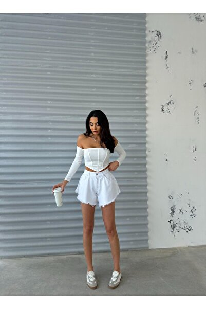 Zeo Basic PÜSKÜL DETAYLI WHİTE JEAN ŞORT