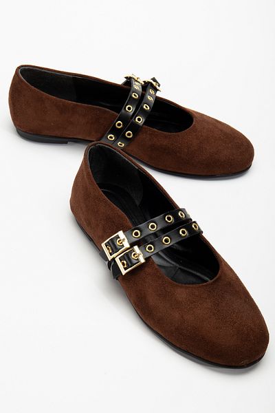 RİSSOLİ Ri̇ssoli̇ Women's Brown Double-Strapped Studded Daily Ballerinas