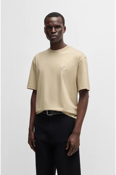BOSS Erkek Rahat Kesim Monogram Logolu Yuvarlak Yaka Kısa Kollu Bej1 T-Shirt ...