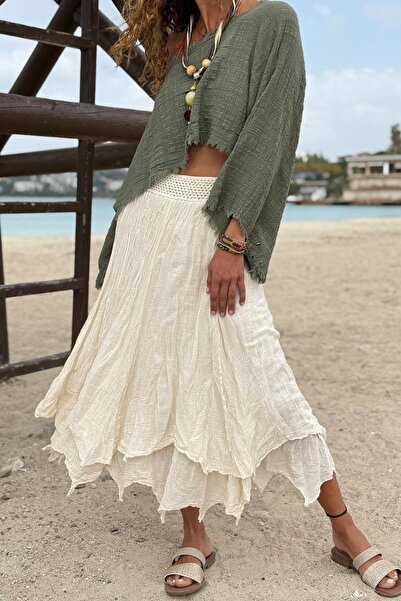 Güneşkızı Μπεζ πολυεπίπεδη ελαστική υφαντή φούστα με τσέρκι στη μέση 70 30