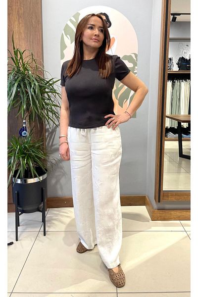 ARZU ÖZEL MODA ATÖLYESİ 100% Cotton Linen Wide Leg Trousers with Elastic Waist and Lacing.
