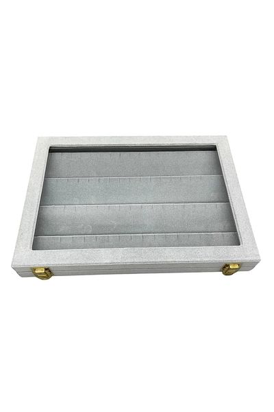 MeGass Dekor New Domestic Production Glass Cover Suede Fabric Gray Color 34 cm / 24 cm Earring Display Stand
