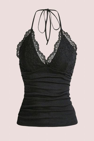 Violon Crop negru cu decolteu în V, cu dantelă, cu gât gotic