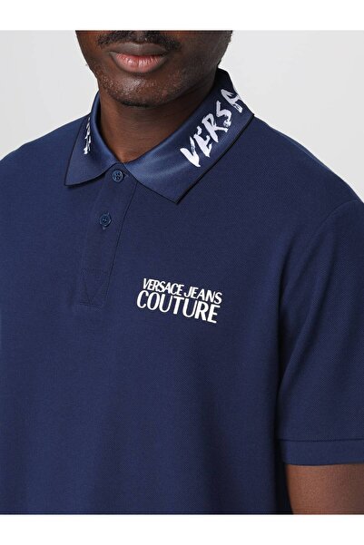 Versace Men's Regular Fit Cotton Collar Logo Detailed Short Sleeve Navy Blue Polo Neck T-Shirt 78Gagt05Cj01T