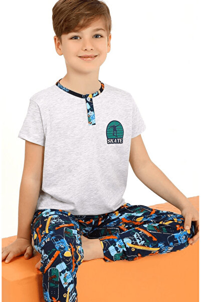 Little Miny Kids Minykids Skate Pattern Gray Short Sleeve 100% Cotton Male Child Pajamas Suit