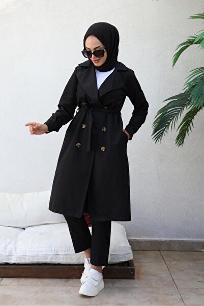 giyze Boyfriend Tesettür Trençkot Siyah 5853