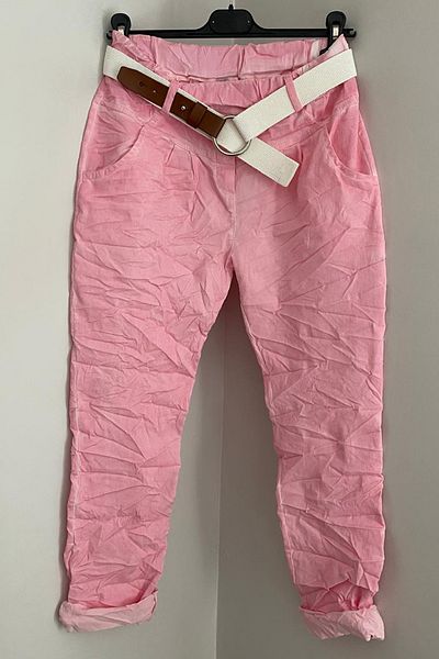 AYASOFYA OTANTIK Women's Italian Pink Elastic Waist Straight Pattern Belted Pocket Lycra Skinny Leg Trousers
