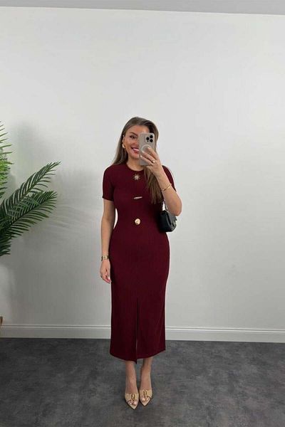 Lotus Gold Buttoned Short Sleeve Ottoman Pencil Dress