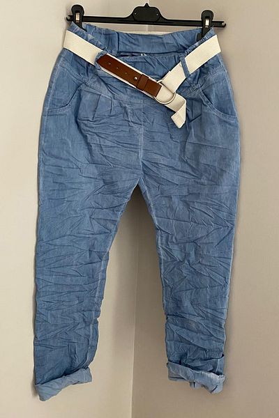 AYASOFYA OTANTIK Pantaloni de damă italieni albastru indigo cu talie elastică cu model simplu, cu buzunare cu curea, pantaloni skinny din lycra