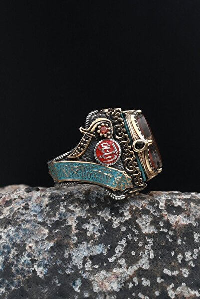 Prestige Özel Tasarım Mineli Hz. Süleyman Mührü ve Kelime-i Tevhid ve Allah ve Muhammed Yazılı Gümüş Erkek Yü