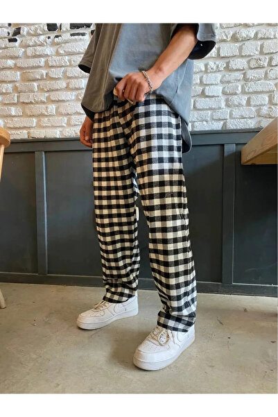 Bravebell Black - White Plaid Patterned Checked Unisex Oversize Sweatpants Pa...