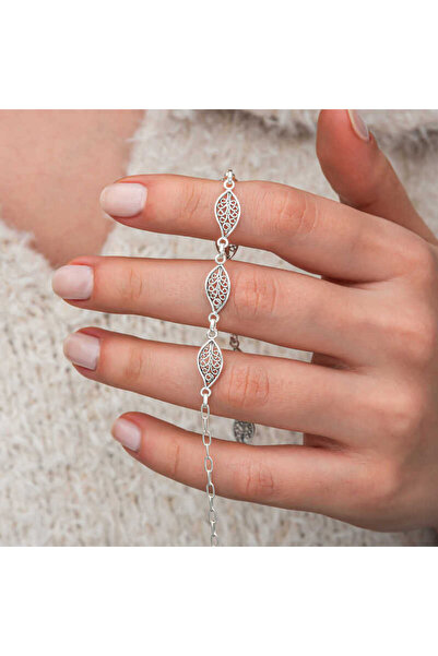 Gumush Gümüş Telkari Yaprak Desenli Kadın Bileklik