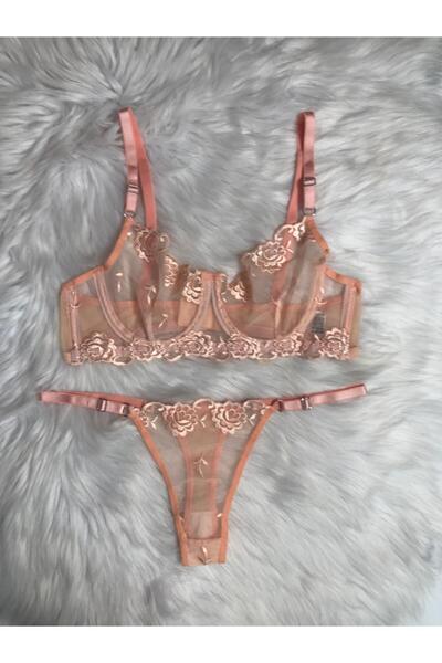 Masal Lingerie Women's Rose Pattern Salmon Color Bra Panty Set