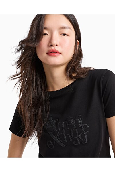 Armani Exchange Tricou negru pentru femei - croială normală, gât rotund, logo cu sclipici, mâneci scurte