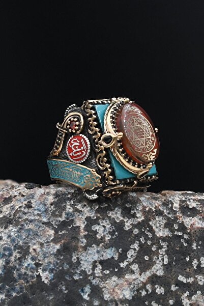 Prestige Özel Tasarım Mineli Hz. Süleyman Mührü ve Kelime-i Tevhid ve Allah ve Muhammed Yazılı Gümüş Erkek Yü