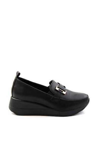 Bambi Black Leather Women's Wedge Heeled Shoes K 01586417303