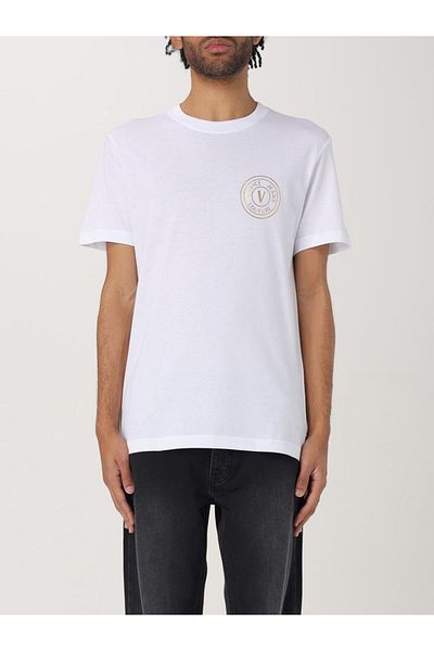 Versace تي شيرت أبيض بأكمام قصيرة وياقة دائرية وشعار صغير للرجال 78gaht00cj00t-g03