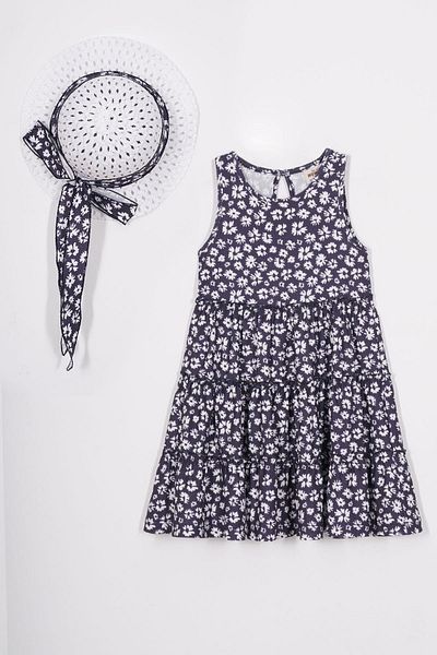 zepkids Rochie pentru fetiță de culoare bleumarin cu decolteu cu model floral și accesorii pentru pălărie