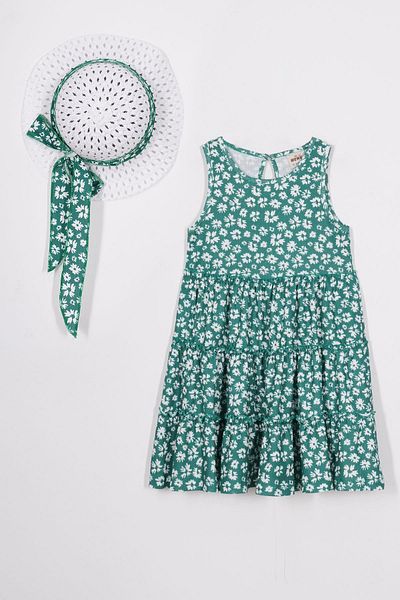 zepkids Rochie pentru fetiță de culoare verde cu decolteu cu flori și accesorii pentru pălărie