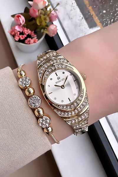 Homies Special Boxed Stone Women's Wristwatch Waterproof Gold Color Steel Cord Gift Bracelet Hmby2051C1