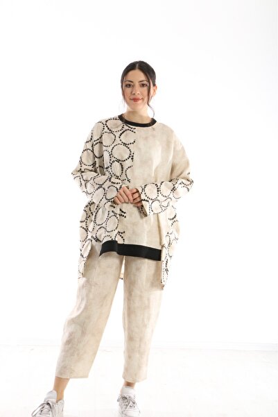 Zühre İKİLİ DESENLİ KETEN ŞALVAR KESİM TAKIM