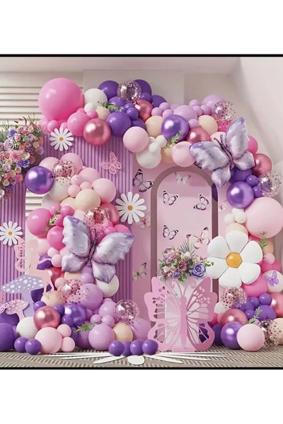 Çemrek Süs Parti Pembe Mor Şeffaf Pullu Balon Zinciri Seti 103 lü Kelebek ve ...