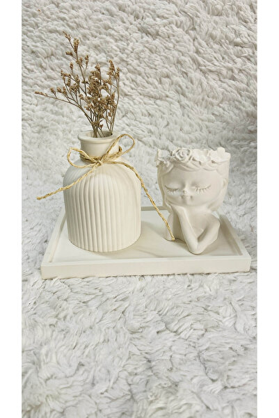 DEYART İskandinav Model Vazo Ve Kız Dekoratif Tabaklı 3 lü Set