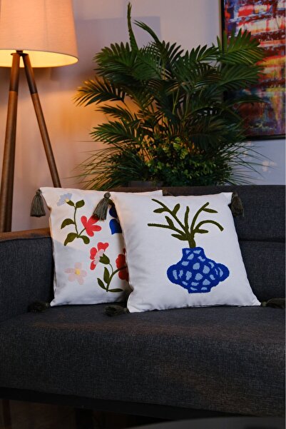 dekomall home & living Set 2 huse de pernă cu ciucuri Punch Brodat 005 43x43 cm