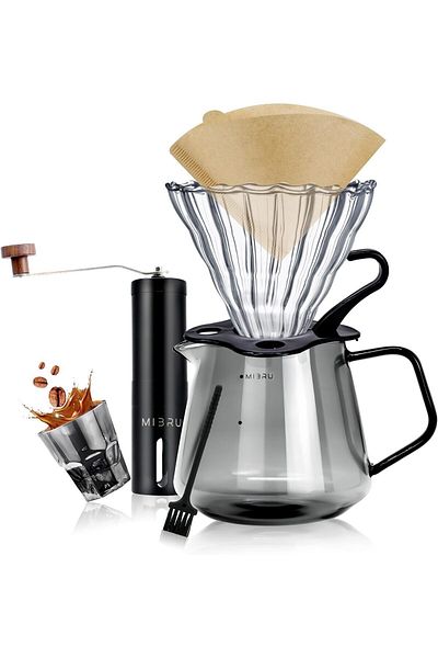 MIBRU V60 Pour Over Coffee Set 6pcs Includes Manual Coffee Grinder, Filter, ,server 650ml Drip For Barista