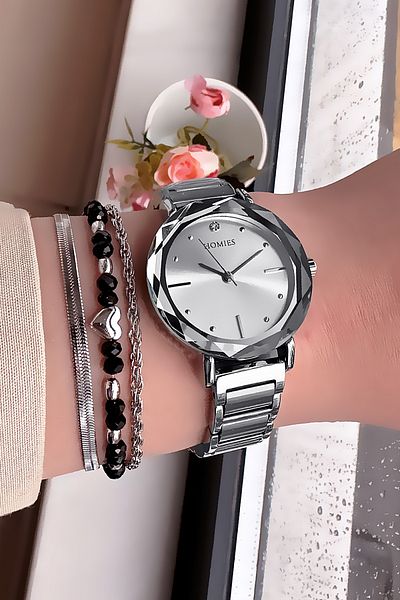 Homies Cutout Glass Women's Wristwatch, Silver Color Steel Band & Gift Bracelet