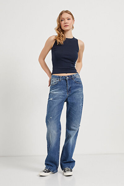 Arma Life Women's Crew Neck Stretchy Basic Navy Blue Crop Blouse