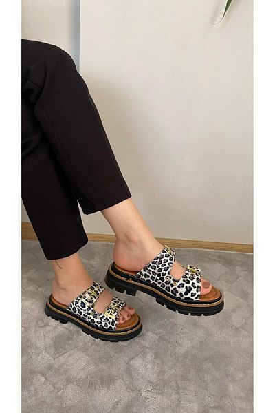 Preshley Sandale ortopedice pentru femei Firida, alb, leopard, cu bandă dublă, cu capsulă, cu talpă groasă, papuci K-100
