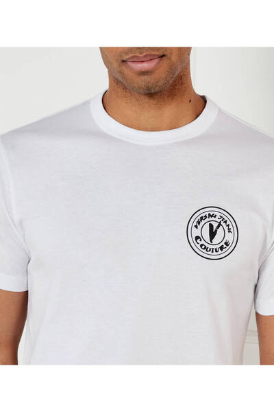 Versace Men's Crew Neck Short Sleeve White T-Shirt with Lettering and Pattern 78Gahe07Cj00E-003