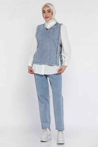 julude Vestă din denim cu detaliu din piatră, cu cravată laterală albastră, pantaloni, pantaloni, costum triplu hijab