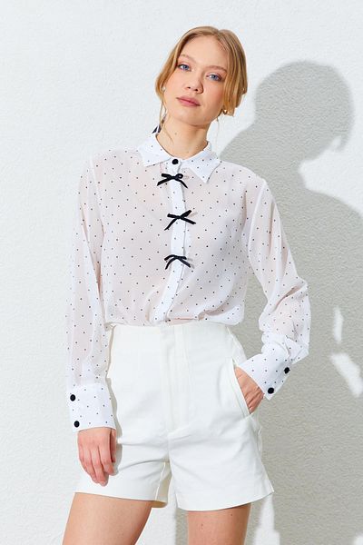TENA Women's Ecru Ribbon Detailed Polka Dot Chiffon Blouse