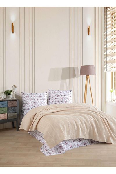 JOLLY HOME 100% Cotton Double Pique Set - Beige & Floral Patterned Stylish Set - 4 Pieces