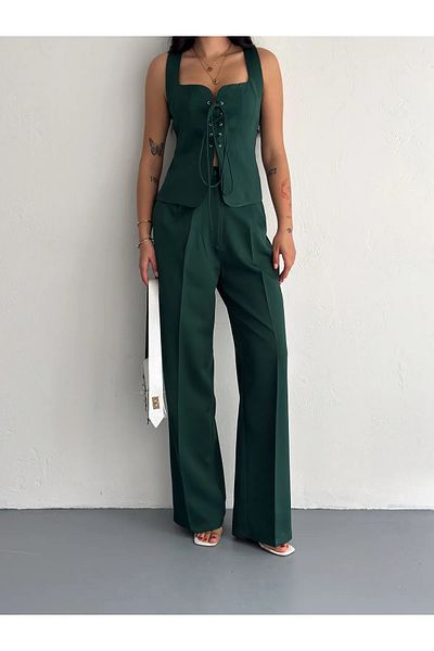 LE CARAMBOLE Women's Green Front Tie Vest Trousers Two Piece Set