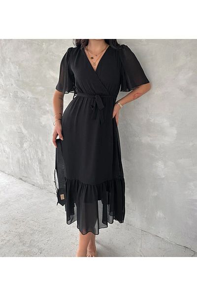 tülaybutik Women's V-Neck Chiffon Midi Length Dress with Sash