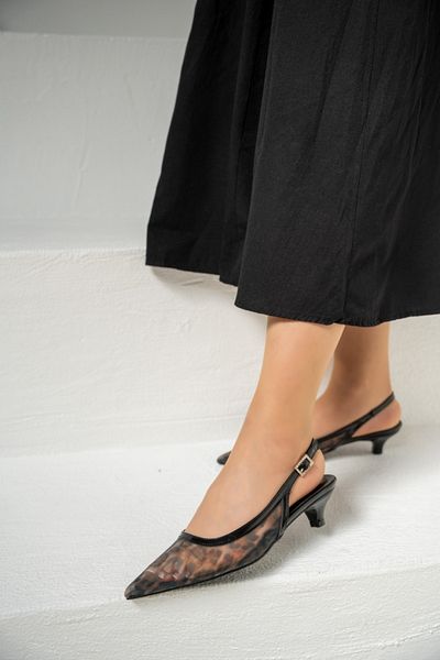 LamintaGlobal Front Black Transparent Leopard Patterned Women's Heeled Shoes